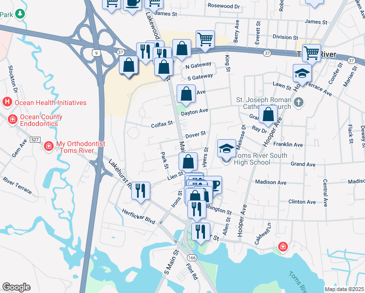 map of restaurants, bars, coffee shops, grocery stores, and more near 509 Main Street in Toms River