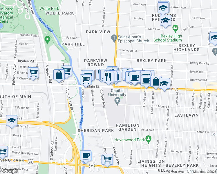 map of restaurants, bars, coffee shops, grocery stores, and more near 2251 East Main Street in Bexley