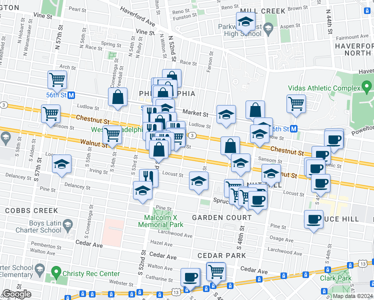 map of restaurants, bars, coffee shops, grocery stores, and more near 133 South 51st Street in Philadelphia