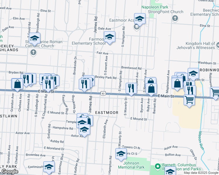 map of restaurants, bars, coffee shops, grocery stores, and more near 707 Elizabeth Avenue in Columbus