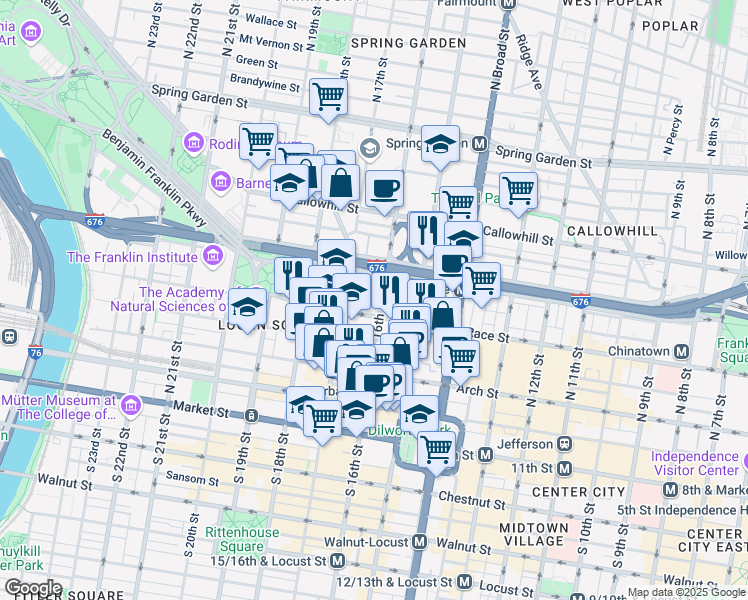 map of restaurants, bars, coffee shops, grocery stores, and more near 200 North 16th Street in Philadelphia