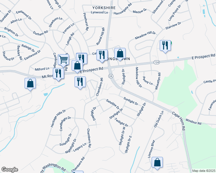 map of restaurants, bars, coffee shops, grocery stores, and more near 1159 Lady Bug Lane in York