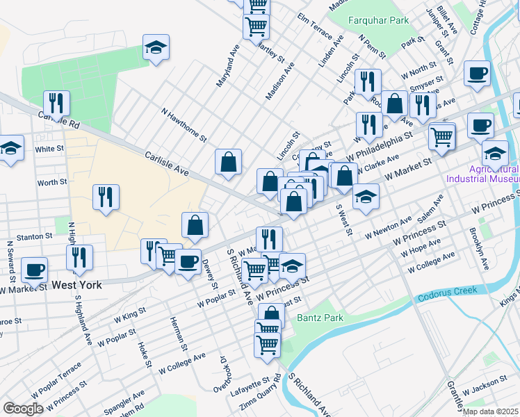 map of restaurants, bars, coffee shops, grocery stores, and more near 50 Carlisle Avenue in York