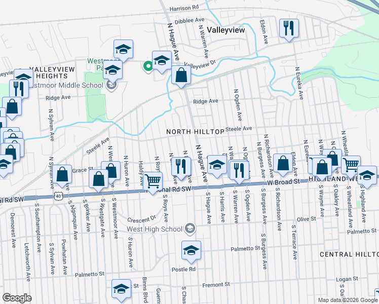 map of restaurants, bars, coffee shops, grocery stores, and more near 101 North Powell Avenue in Columbus