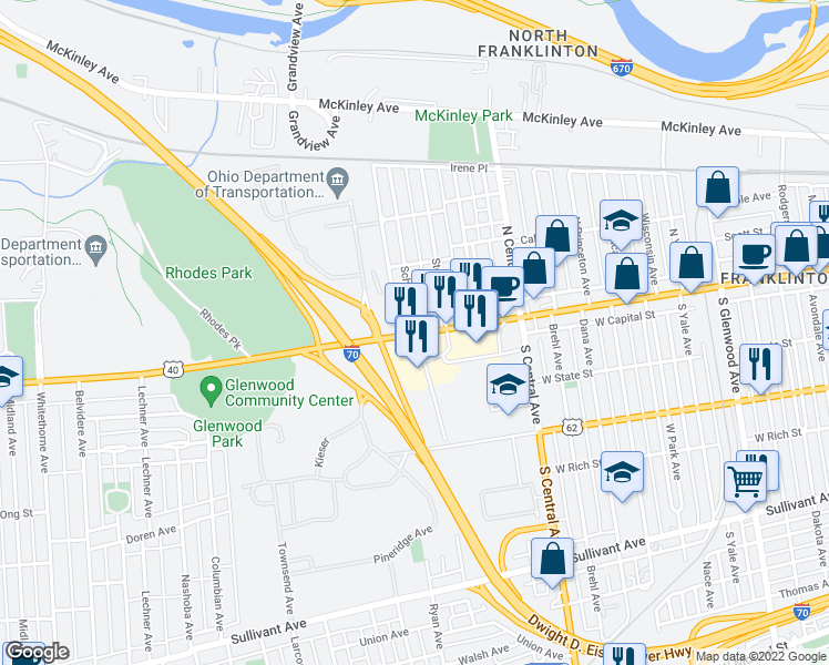 map of restaurants, bars, coffee shops, grocery stores, and more near W Broad St & Schultz Ave in Columbus