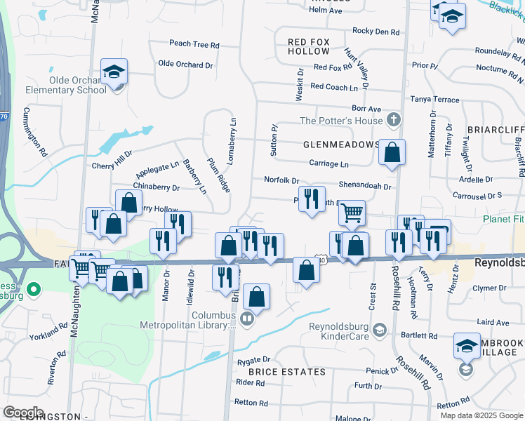 map of restaurants, bars, coffee shops, grocery stores, and more near 1197 Woodwind Drive in Reynoldsburg