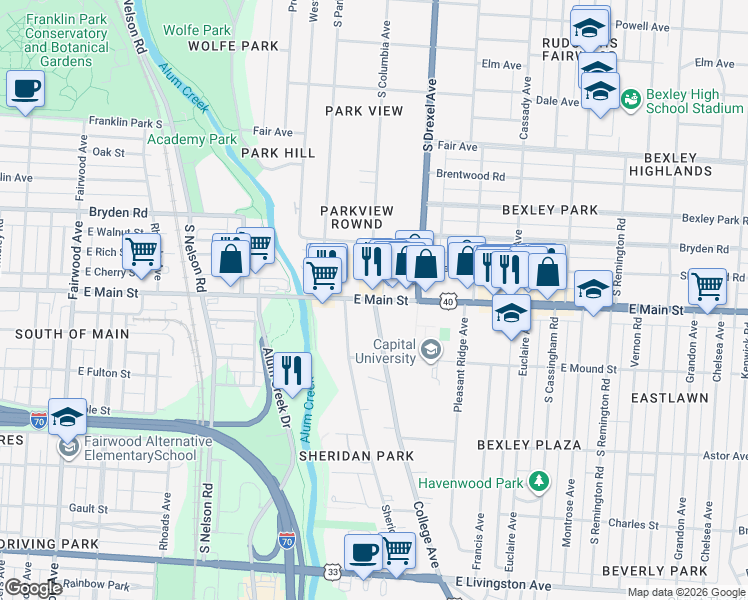 map of restaurants, bars, coffee shops, grocery stores, and more near E Main St & College Ave in Bexley