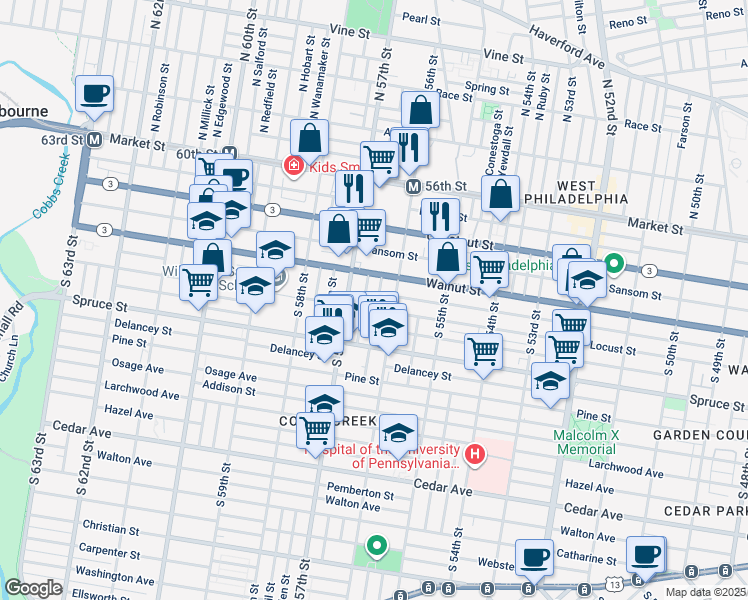 map of restaurants, bars, coffee shops, grocery stores, and more near 238 South Ithan Street in Philadelphia