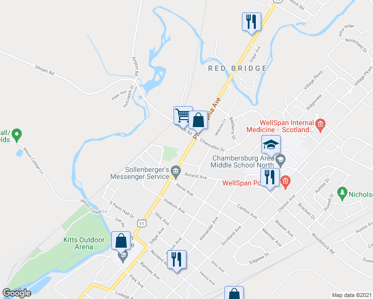 map of restaurants, bars, coffee shops, grocery stores, and more near 1871 Philadelphia Avenue in Chambersburg