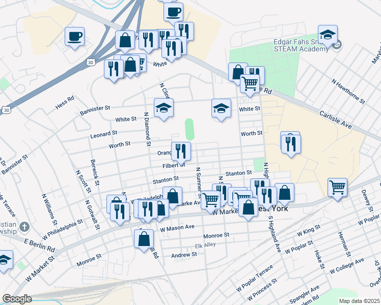 map of restaurants, bars, coffee shops, grocery stores, and more near 1705 Hope Alley in West York