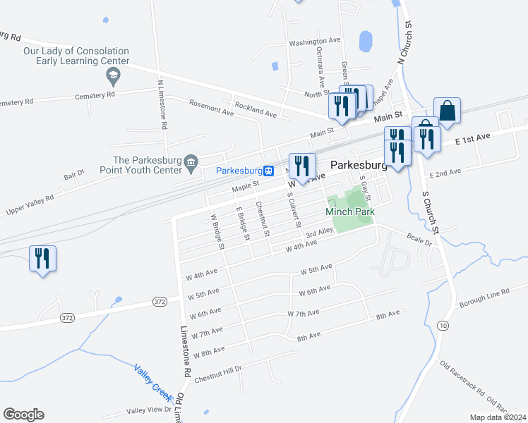 map of restaurants, bars, coffee shops, grocery stores, and more near 103 Chestnut Street in Parkesburg