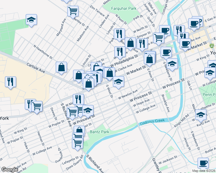 map of restaurants, bars, coffee shops, grocery stores, and more near 29 South West Street in York