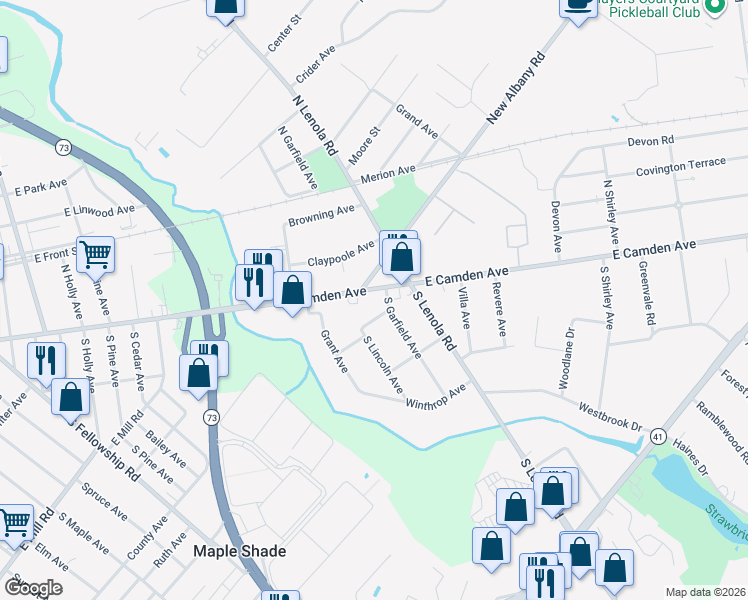 map of restaurants, bars, coffee shops, grocery stores, and more near 108 West Camden Avenue in Moorestown