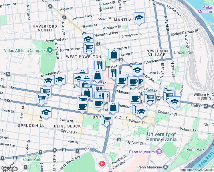 map of restaurants, bars, coffee shops, grocery stores, and more near 3817 Market Street in Philadelphia