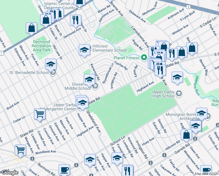map of restaurants, bars, coffee shops, grocery stores, and more near 804 Irvington Road in Drexel Hill