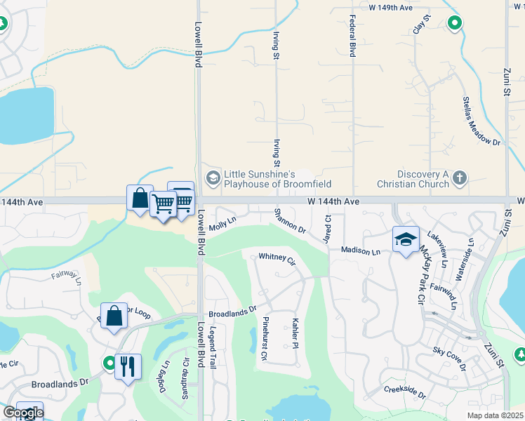 map of restaurants, bars, coffee shops, grocery stores, and more near 3303 Molly Lane in Broomfield