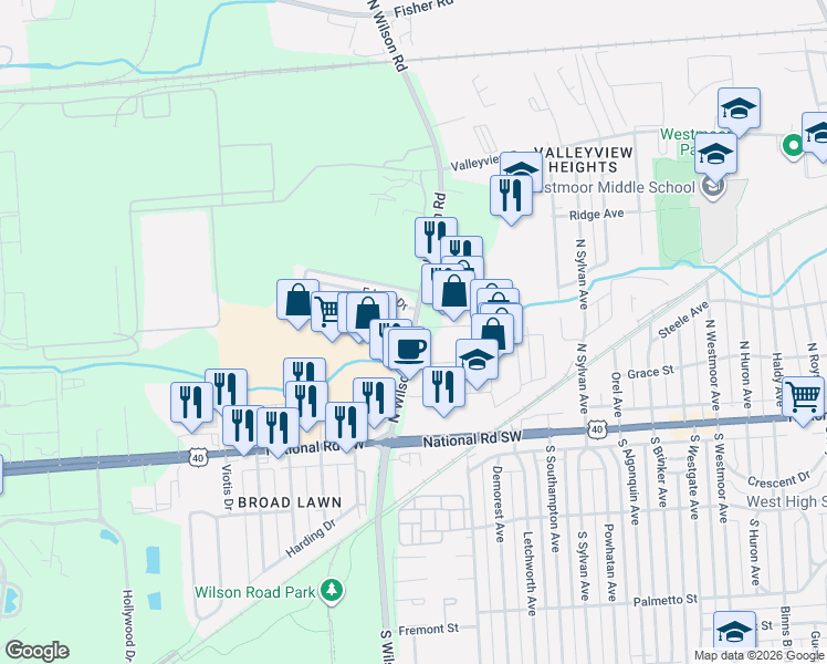 map of restaurants, bars, coffee shops, grocery stores, and more near in Columbus