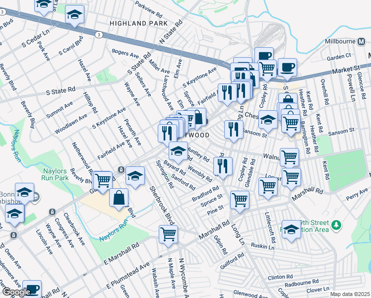 map of restaurants, bars, coffee shops, grocery stores, and more near 248 Copley Road in Upper Darby
