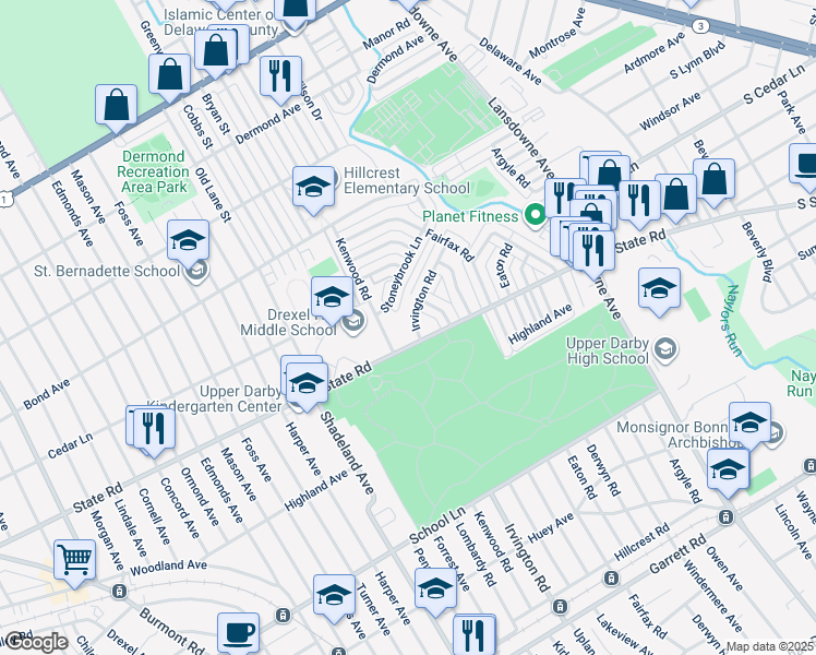 map of restaurants, bars, coffee shops, grocery stores, and more near 804 Irvington Road in Drexel Hill