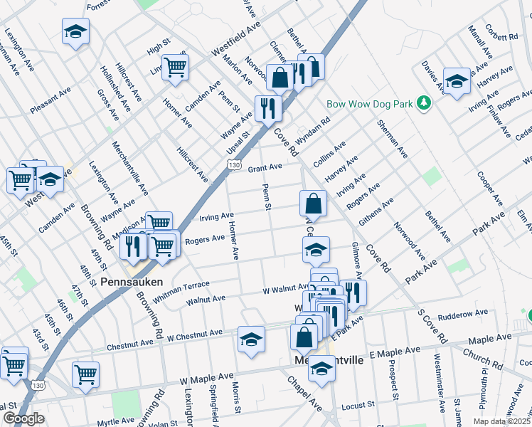 map of restaurants, bars, coffee shops, grocery stores, and more near 6174 Irving Avenue in Pennsauken Township