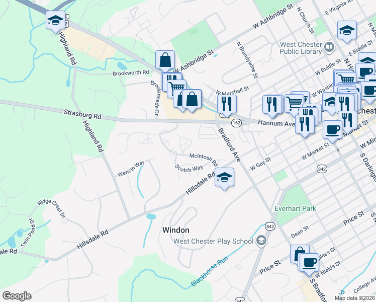 map of restaurants, bars, coffee shops, grocery stores, and more near 239 McIntosh Road in West Chester