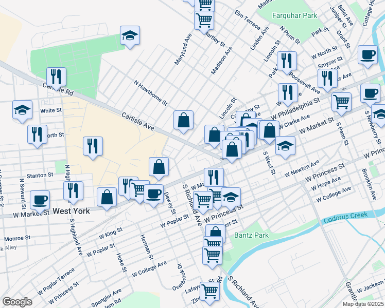 map of restaurants, bars, coffee shops, grocery stores, and more near 100 Carlisle Avenue in York
