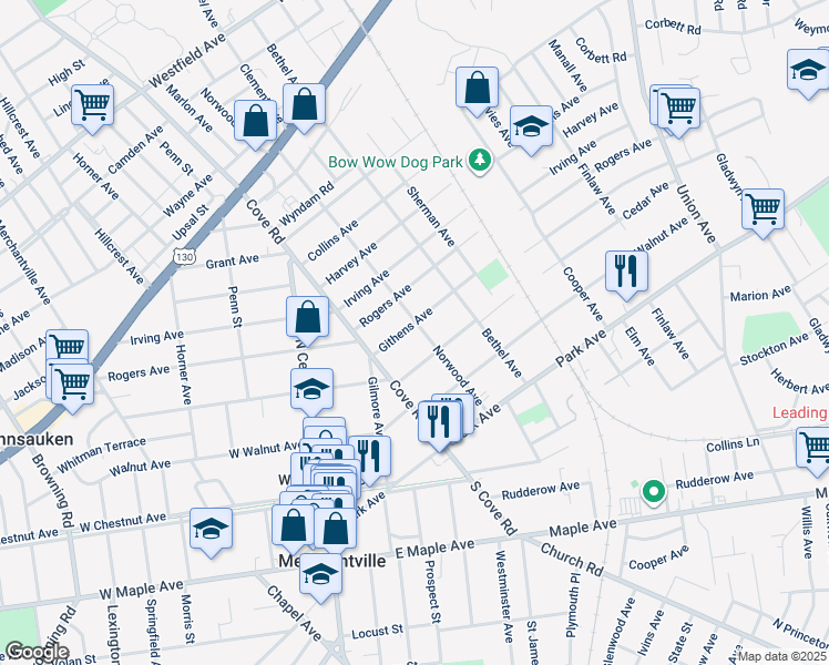 map of restaurants, bars, coffee shops, grocery stores, and more near 6566 Githens Avenue in Pennsauken