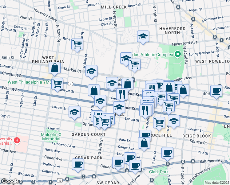 map of restaurants, bars, coffee shops, grocery stores, and more near 4722 Chestnut Street in Philadelphia