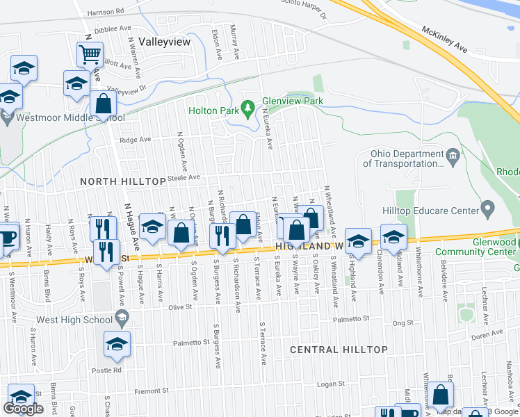 map of restaurants, bars, coffee shops, grocery stores, and more near 90 Eldon Avenue in Columbus