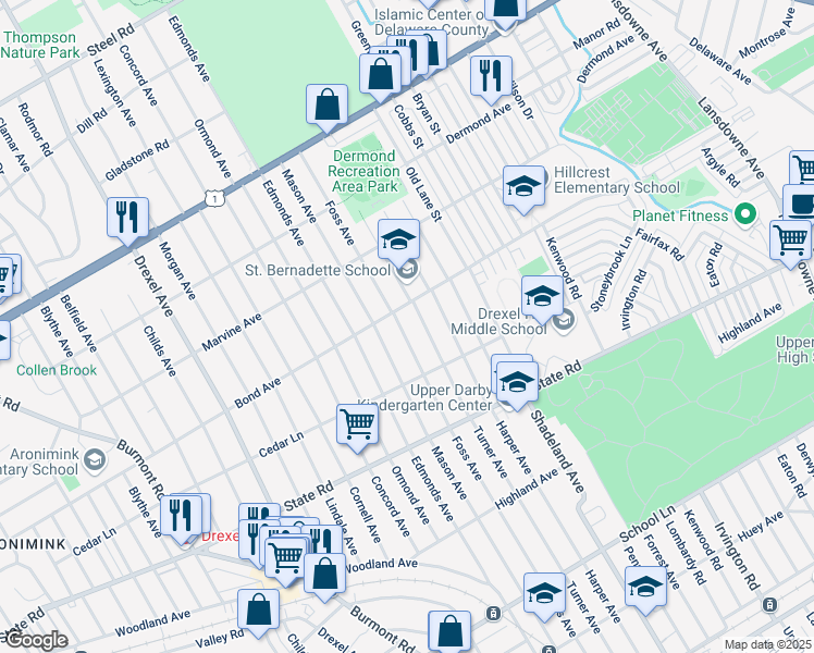 map of restaurants, bars, coffee shops, grocery stores, and more near 933 Foss Avenue in Drexel Hill