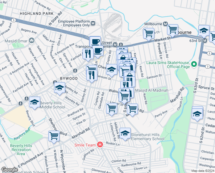 map of restaurants, bars, coffee shops, grocery stores, and more near 150 Hampden Road in Delaware County