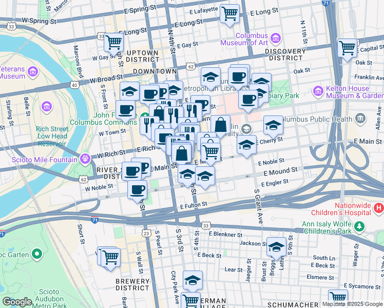 map of restaurants, bars, coffee shops, grocery stores, and more near 266 South 4th Street in Columbus