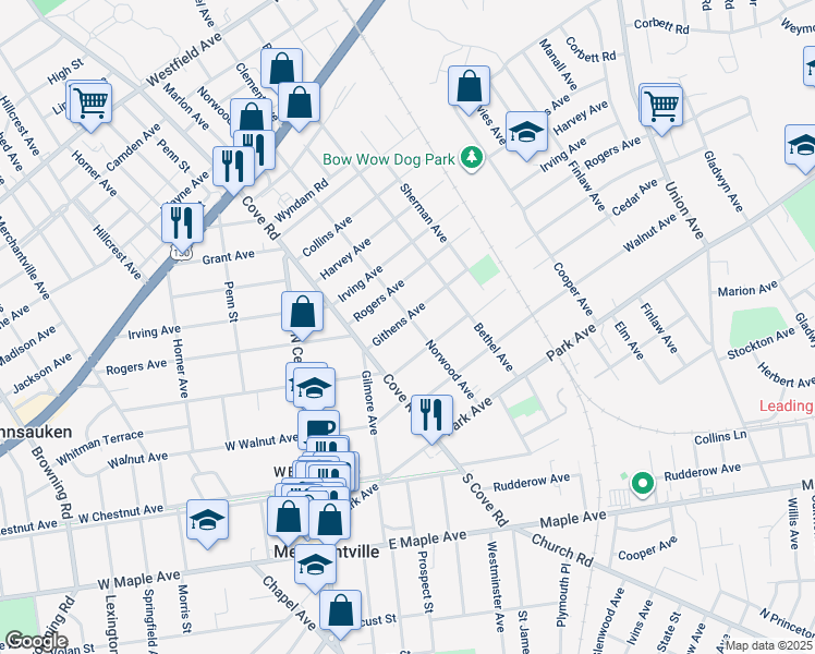 map of restaurants, bars, coffee shops, grocery stores, and more near 6566 Githens Avenue in Pennsauken