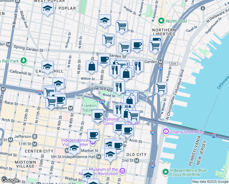 map of restaurants, bars, coffee shops, grocery stores, and more near 334 North Lawrence Street in Philadelphia