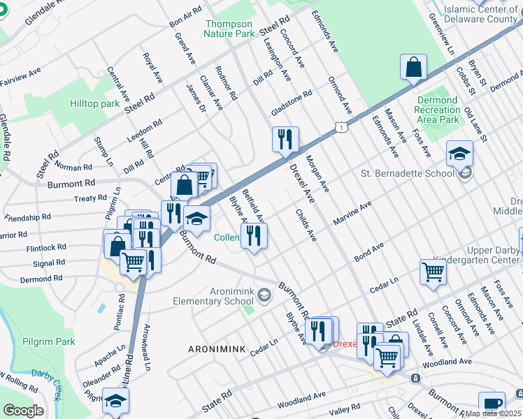 map of restaurants, bars, coffee shops, grocery stores, and more near 1209 Belfield Avenue in Drexel Hill