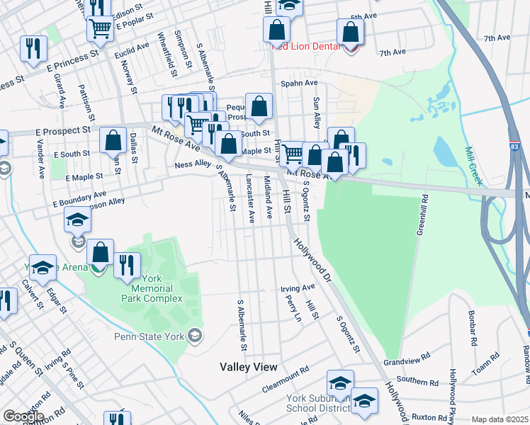 map of restaurants, bars, coffee shops, grocery stores, and more near 828 Midland Avenue in York