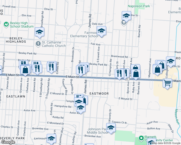 map of restaurants, bars, coffee shops, grocery stores, and more near 693 South Ashburton Road in Columbus