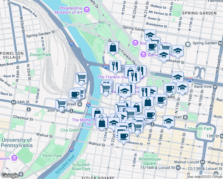 map of restaurants, bars, coffee shops, grocery stores, and more near 2300 Cherry Street in Philadelphia
