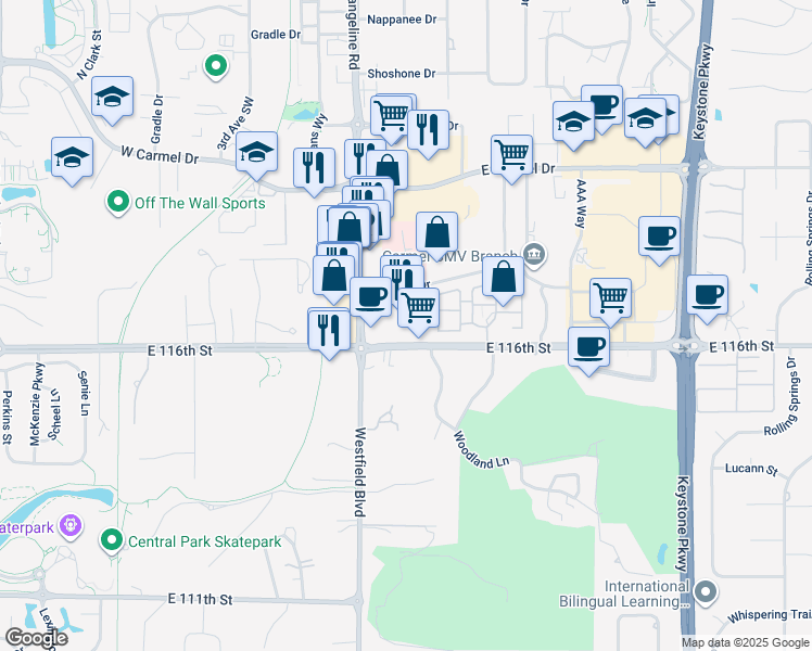 map of restaurants, bars, coffee shops, grocery stores, and more near 1732 East 116th Street in Carmel