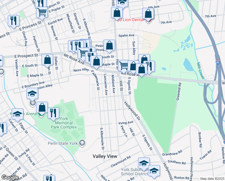 map of restaurants, bars, coffee shops, grocery stores, and more near 828 Midland Avenue in York