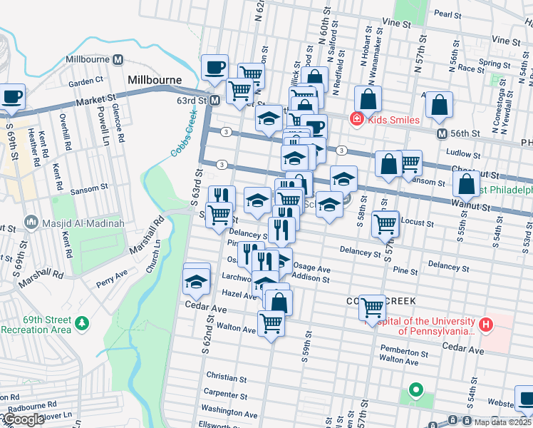 map of restaurants, bars, coffee shops, grocery stores, and more near 6050 Irving Street in Philadelphia