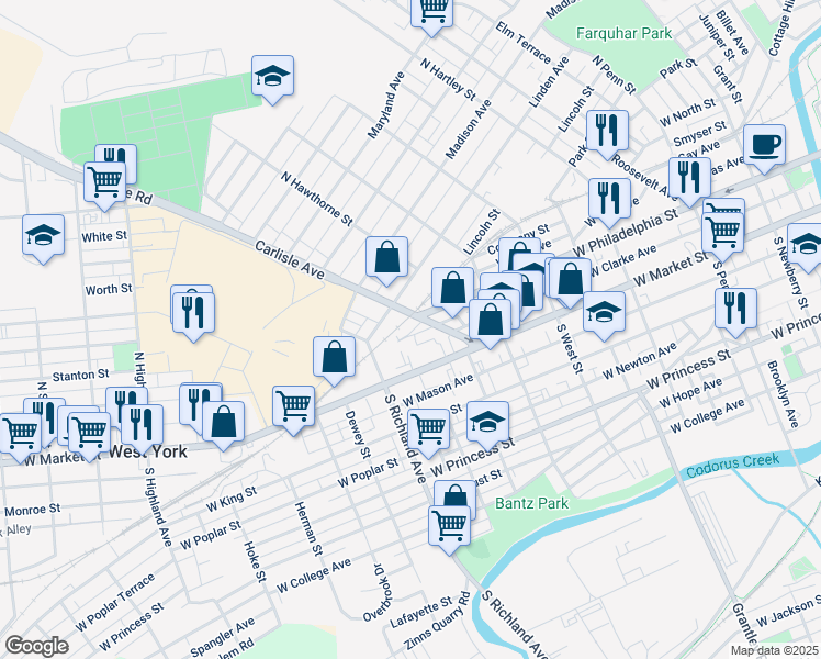 map of restaurants, bars, coffee shops, grocery stores, and more near 100 Carlisle Avenue in York