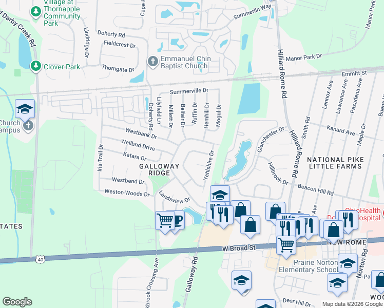 map of restaurants, bars, coffee shops, grocery stores, and more near 342 Rainswept Drive in Galloway