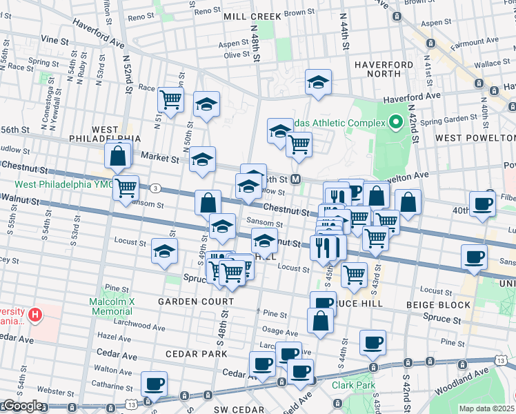 map of restaurants, bars, coffee shops, grocery stores, and more near 4712 Chestnut Street in Philadelphia