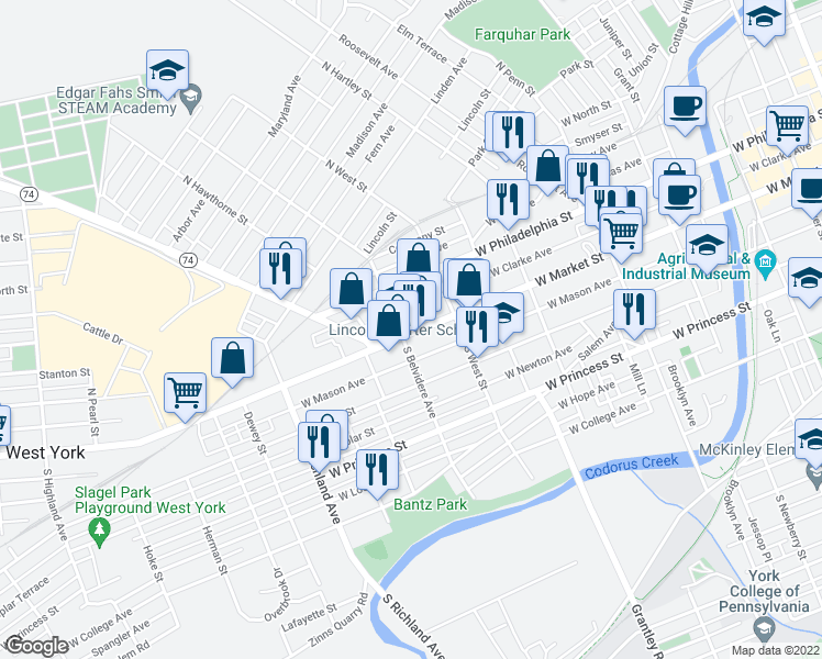 map of restaurants, bars, coffee shops, grocery stores, and more near 659 West Market Street in York