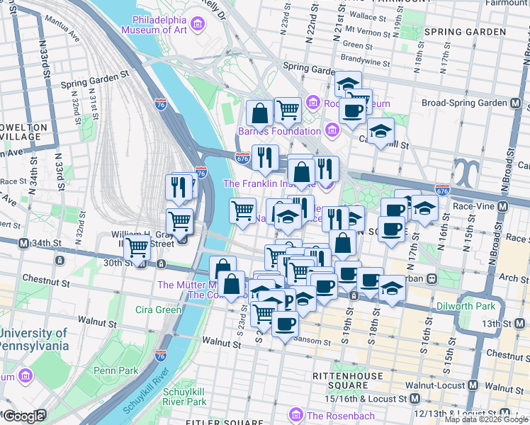 map of restaurants, bars, coffee shops, grocery stores, and more near 139 North 23rd Street in Philadelphia