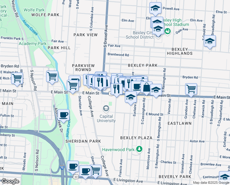 map of restaurants, bars, coffee shops, grocery stores, and more near 2344 U.S. Highway 40 in Bexley