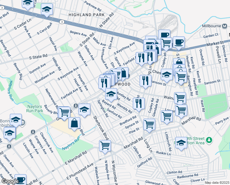 map of restaurants, bars, coffee shops, grocery stores, and more near 7048 Veronica Road in Upper Darby