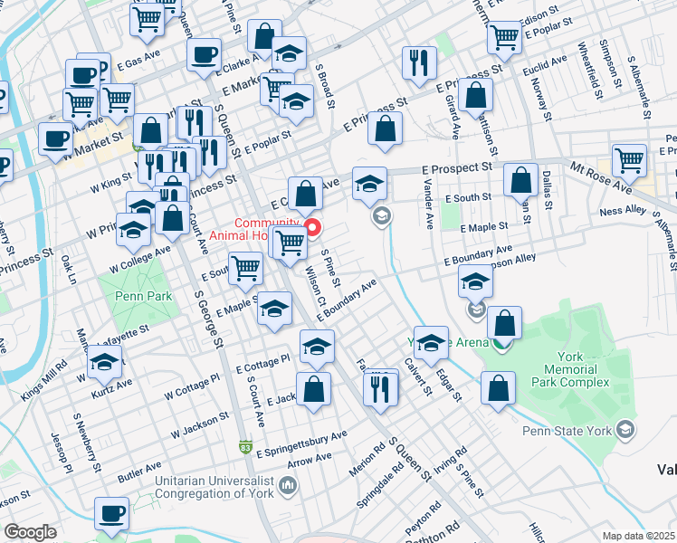 map of restaurants, bars, coffee shops, grocery stores, and more near 503 South Pine Street in York