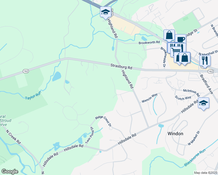 map of restaurants, bars, coffee shops, grocery stores, and more near 322 Highland Farm Road in West Chester